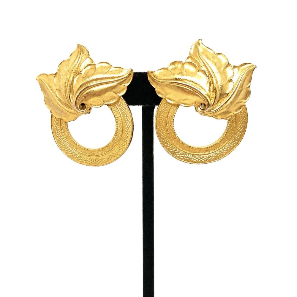Vintage Gold Tone Earrings Large Leaf Leaves Circle Hoop Runway Statement 80s